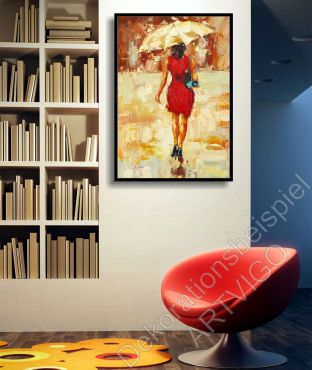 Preview: 70er Jahre Deko. An der Wand hängt ein eingerahmtes Bild. Frau mit rotem Kleid, Schirm und Stöckelschuhen.