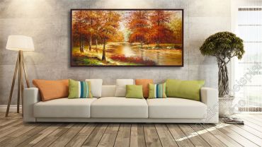 Preview: Stilvolles Wohnzimmer. Zur Dekoration hängt ein original Bild. Landschaft mit kräftigen Farben im Bilderrrahmen