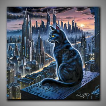 Stimmungsvolles, Science-Fiction Scene einer Cyberpunk Katze. In kühlen Farben gemalt.