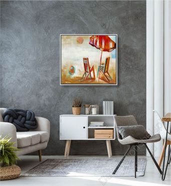 Dekoration Wohnung. Dunkle Wand mit einem echten Bild mit Strand