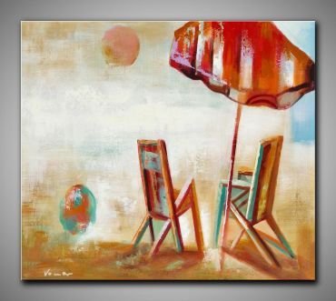 Liegestühle am Strand, lustig und bunt gemalt. Kleines Kunstwerk