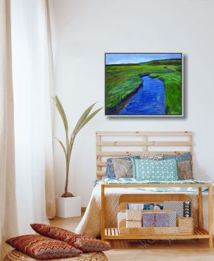 Dekoration Schlafzimmer. Helle Wand mit einem echten Bild mit Landschaft