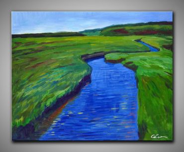 Fluss und Wiese, ruhig und schön gemalt. Kleines Kunstwerk
