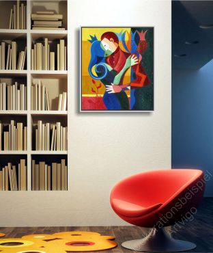 Preview: Dekoration 70er Jahre. Helle Wand mit einem echten Bild küssendes Paar