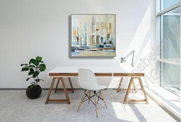 Preview: Dekoration Wohnung. Helle Wand mit einem echten Bild mit Häusern