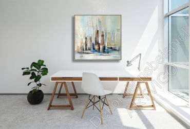 Preview: Dekoration Wohnung. Helle Wand mit einem echten Bild mit Häusern
