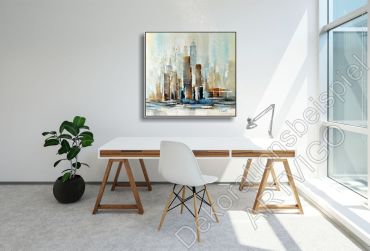Preview: Dekoration Wohnung. Helle Wand mit einem echten Bild mit Häusern