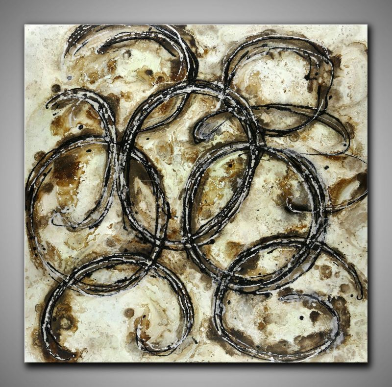 Helles, abstraktes Bild in Grau und erdigen Farben gemalt. Quadratisches, dekoratives Gemälde, 100x100cm