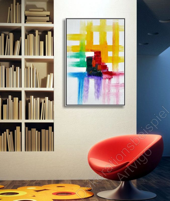 70er Design Sessel und Fussboden. Als Dekoration ein abstraktes, helles Leinwandbild