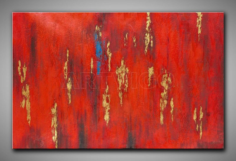 Abstraktes, rotes Gemälde in kräftigen Farben. Goldene Flächen
