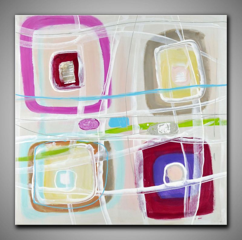 Helles, abstraktes Bild kaufen. In Türkis, Weiß und Gold gemalt. Quadratisches, dekoratives Gemälde, 100x100cm