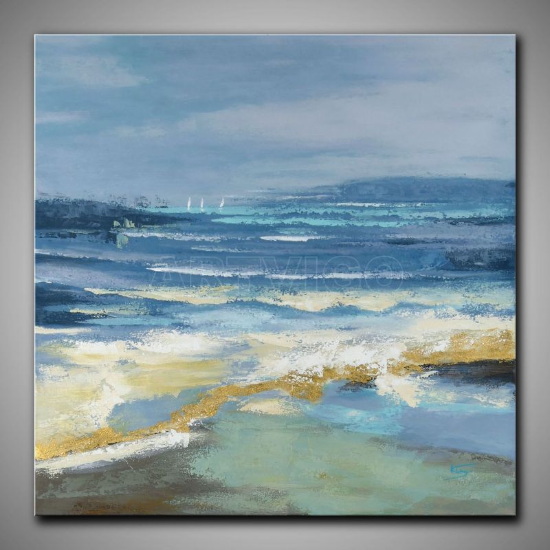 Helles, abstraktes Strandbild mit  Gold kaufen. In hellen und kühlen Fraben gemalt.