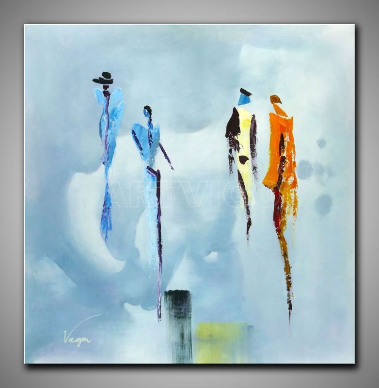 Helles, abstraktes Bild in Blau, Weiß und Orange gemalt. Quadratisches, dekoratives Gemälde, 100x100cm