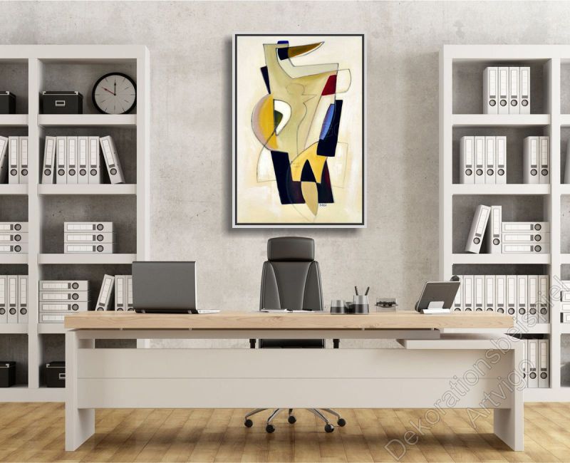 Büro mit einem hellen Wand und abstrakten, unaufgeregten Motiv in Bilderrahmen