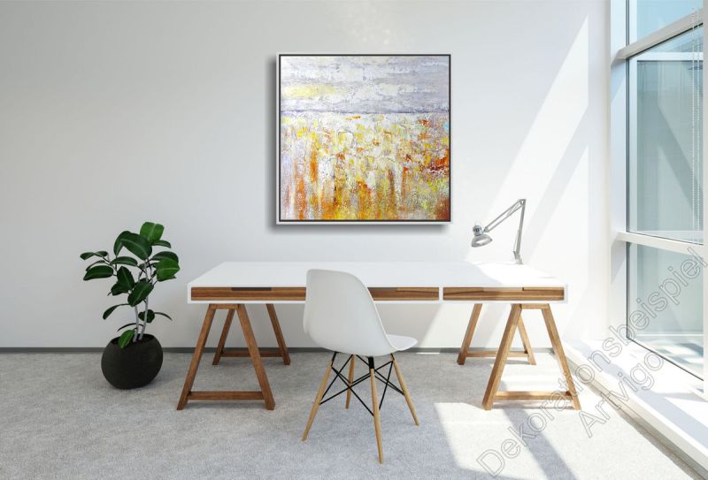 Arbeitszimmer mit einem abstrakten, unaufgeregten Wandbild Landschaft im Bilderrahmen