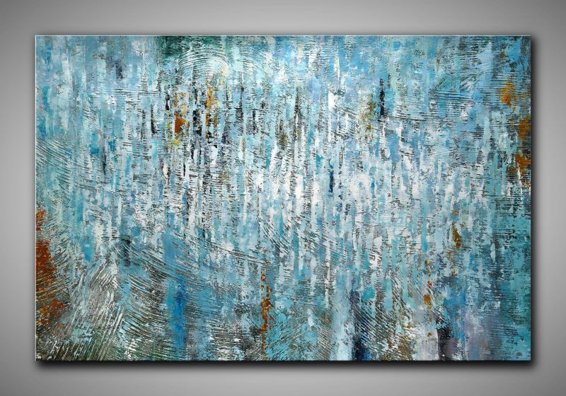 Abstraktes, helles, blaues Gemälde in kühlen und warmen Farben. XXL