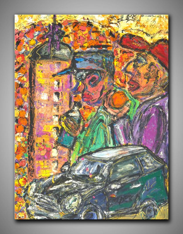 Reisende in fröhlichen Farben gespachtelt