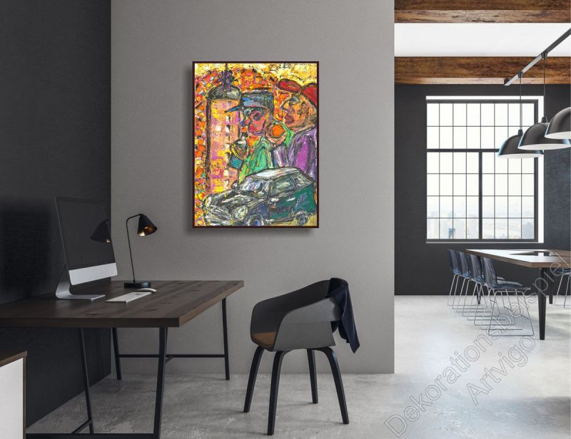 Stylishes Büro. Zur Dekoration hängt ein farbenfrohes Gemälde im Bilderrahmen