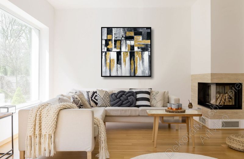 Wohnung mit einem abstrakten, unaufgeregten Wandbild im Schattenfugenrahmen