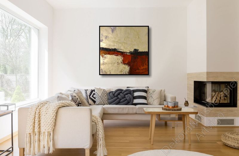 Wohnung mit einem abstrakten, unaufgeregten Wandbild im Schattenfugenrahmen