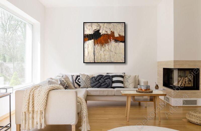 Wohnung mit einem abstrakten, unaufgeregten Wandbild im Schattenfugenrahmen