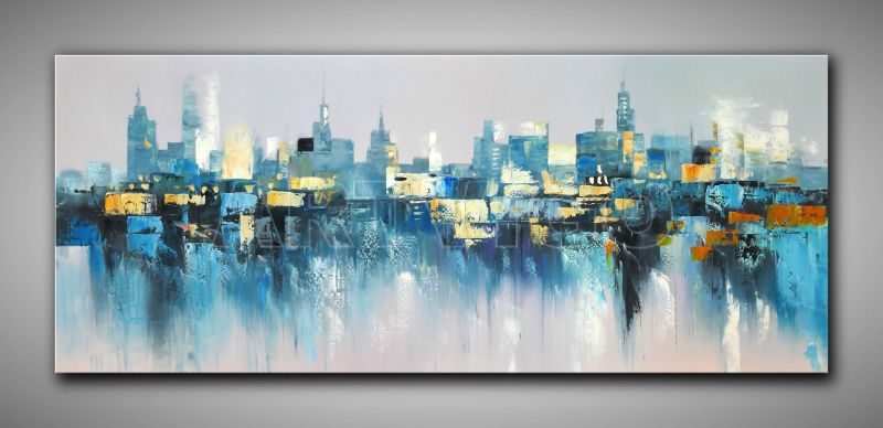 Abstraktes Ölgemälde einer Grafischen Skyline und Spiegelung im See
