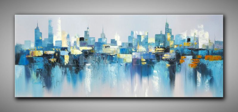 Abstraktes Ölgemälde einer Grafischen Skyline und Spiegelung im See