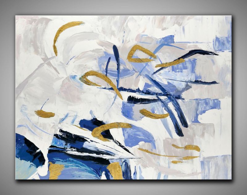 Abstraktes, helles, graues Gemälde in kühlen und warmen Farben.