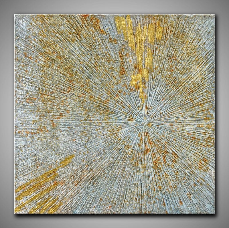Echtes, abstraktes Bild in warmen Farben und Gold gespachtelt