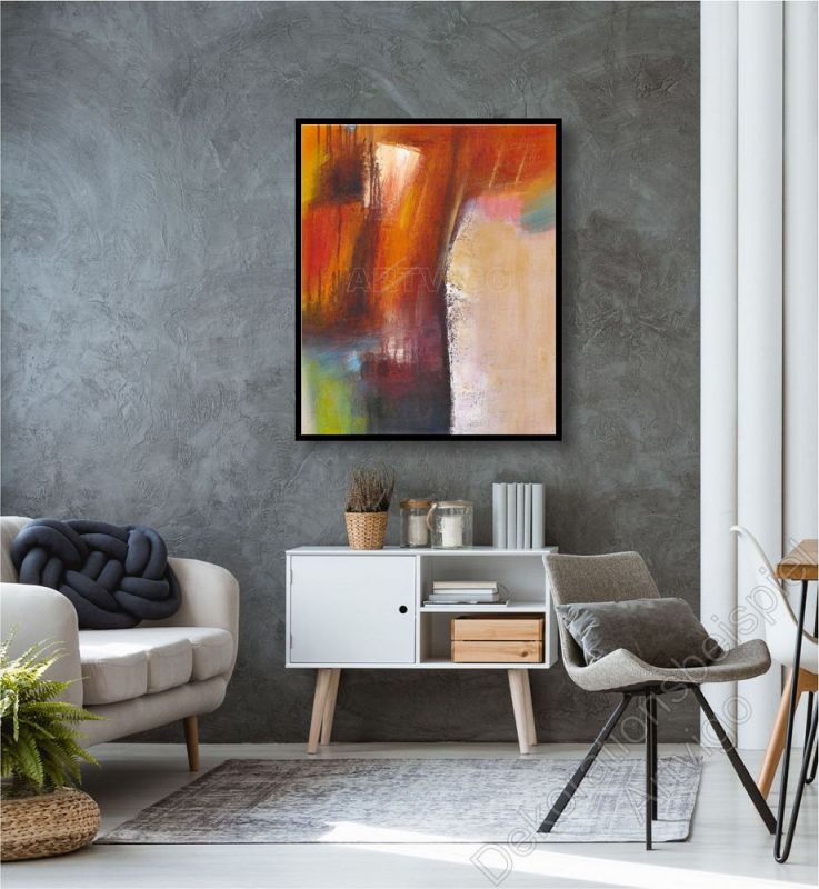 Wohnzimmer mit abstraktem Bild auf Leinwand mit Schattenfugen Rahmen