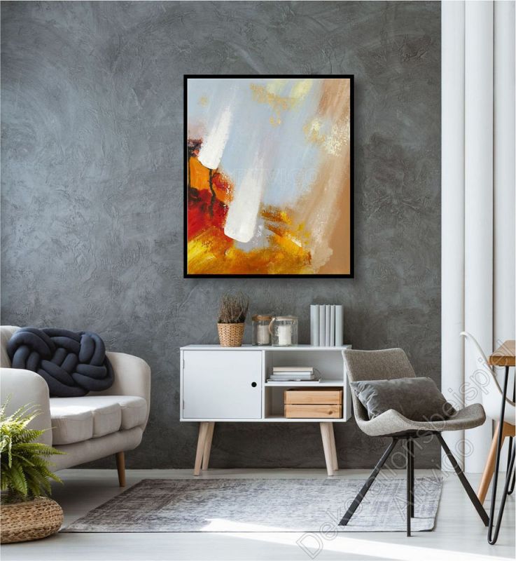 Wohnzimmer mit abstraktem Bild auf Leinwand mit Schattenfugenrahmen