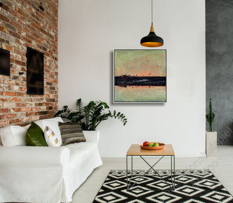 Wohnzimmer mit abstraktem Bild auf Leinwand mit Schattenfugenrahmen