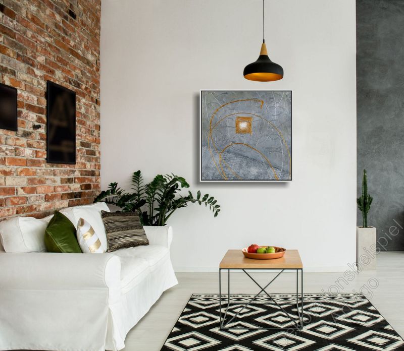 Wohnzimmer mit abstraktem Bild auf Leinwand mit Schattenfugenrahmen