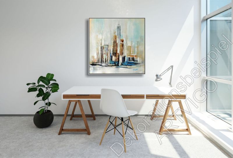 Dekoration Wohnung. Helle Wand mit einem echten Bild mit Häusern