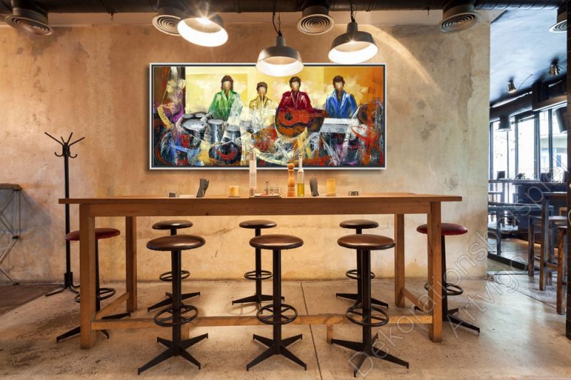 Restaurant mit Bar. Dekorationsbeispiel Gemälde Musiker von Americo Ccala