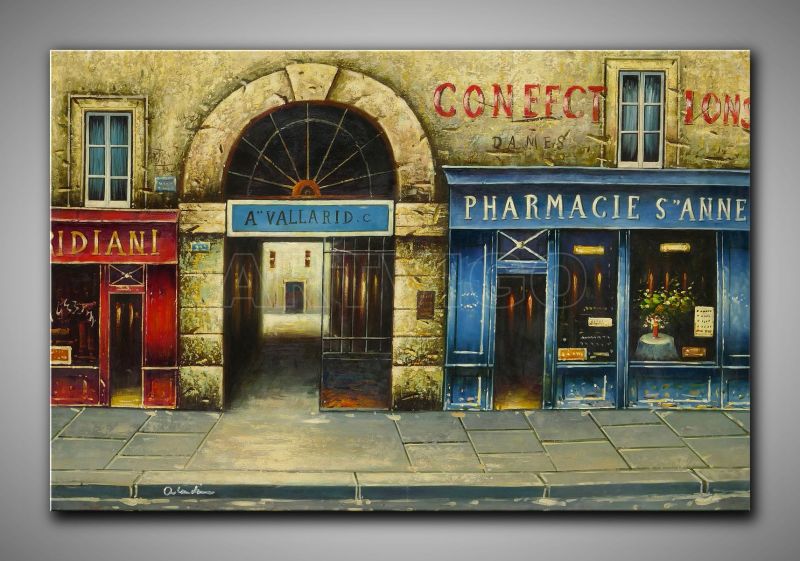 Warmes Bild. Strasse mit Geschäften kleinen Schaufenstern, dekoratives Gemälde, 60x90 cm