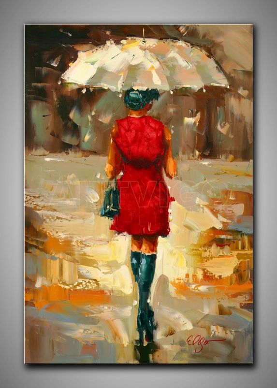 Frau in Rot mit Schirm, Ölgemälde