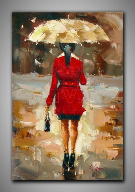 Frau in Rot mit Schirm, Ölgemälde