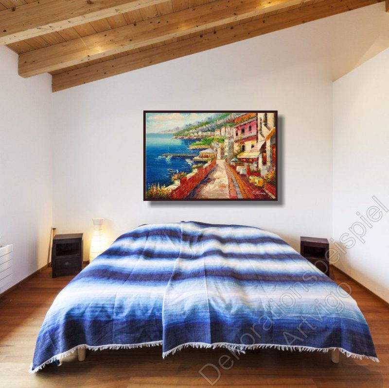 Schlafzimmer mit einem warmen, fröhlichen Wandbild mit Italien im Schattenfugen Rahmen