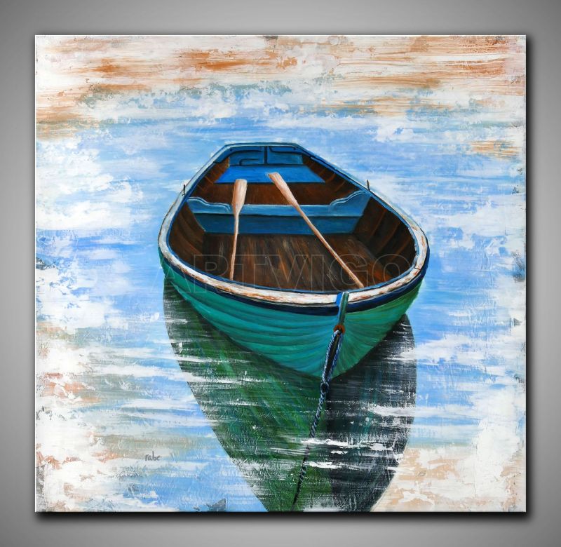 Echtes, maritimes Bild in kühlen Farben, Ruderboot und Küste gespachtelt