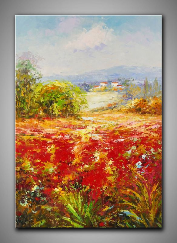 Warmes Bild. Landschaft mit Klatschmohn kleinen Häusern, dekoratives Gemälde, 60x90 cm