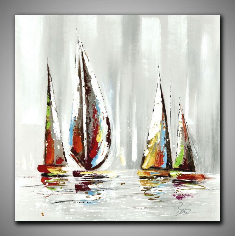 Helles, abstraktes Bild Segelboote kaufen. In Türkis, Weiß und blau gemalt. Quadrat, dekoratives Gemälde, 90x90 cm