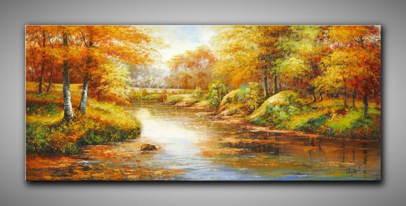 kraftvolle Landschaft Bild mit Fluss, Herbst Bäumen