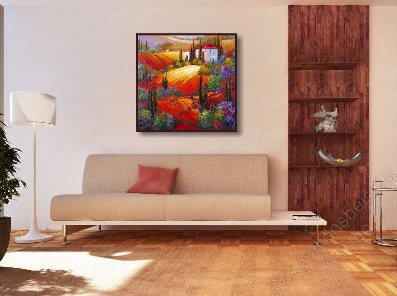 Wohnzimmer mit einem stimmungsvollen Wandbild mit Klatschmohn im Schattenfugenrahmen an der Wand