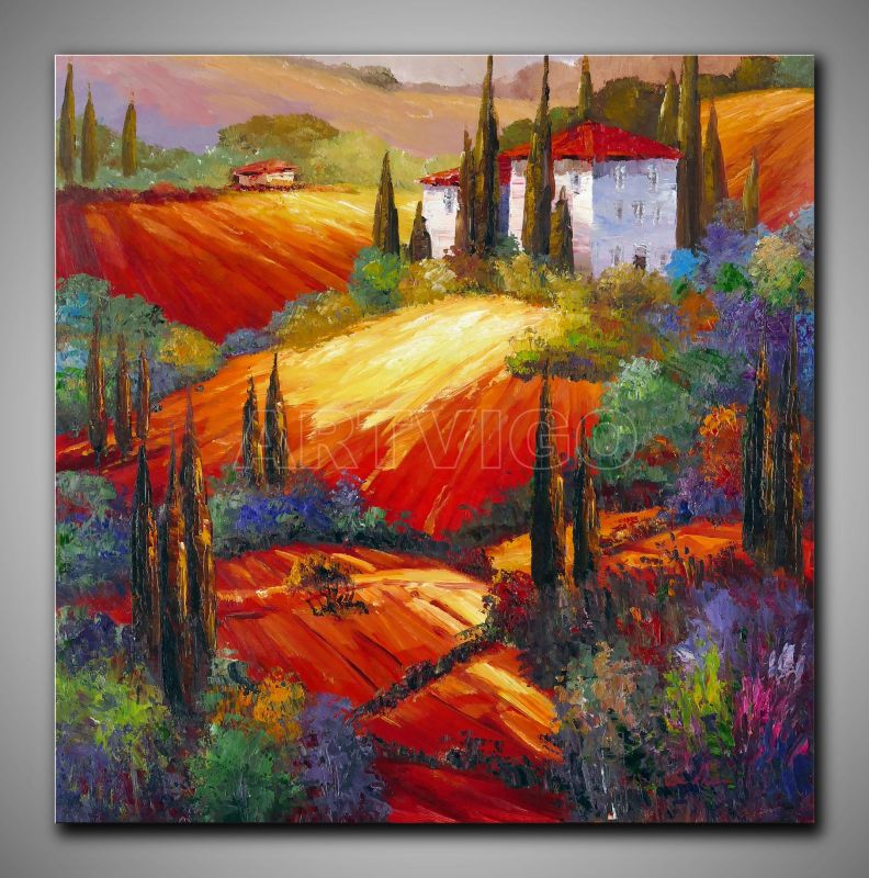 Warmes Bild. Landschaft mit Klatschmohn kleinen Häusern, dekoratives Gemälde, 60x90 cm