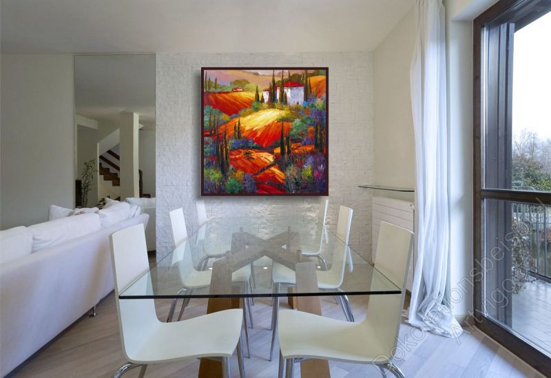Esszimmer mit einem detailreichen, warmen Wandbild mit Italienischer Landschaft