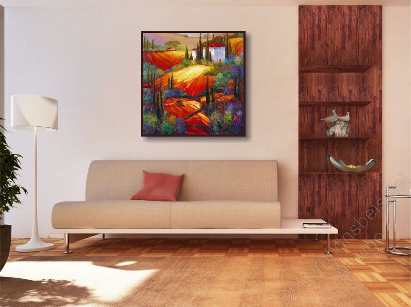 Wohnzimmer mit einem stimmungsvollen Wandbild mit Klatschmohn im Schattenfugenrahmen an der Wand