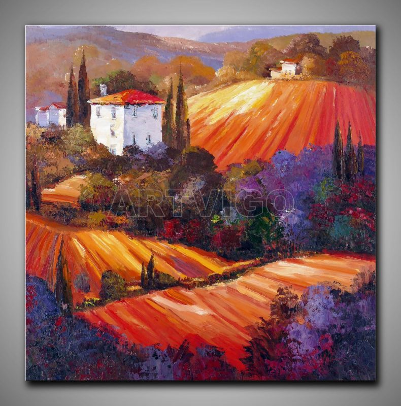 Warmes Bild. Landschaft mit Klatschmohn kleinen Häusern, dekoratives Gemälde, 60x90 cm
