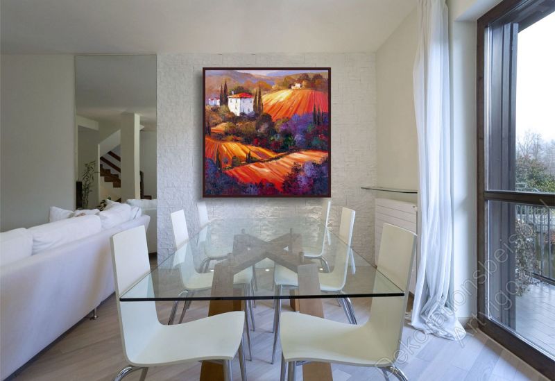 Esszimmer mit einem detailreichen, warmen Wandbild mit Italienischer Landschaft