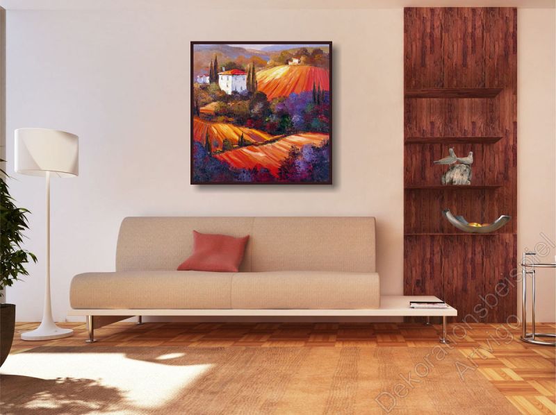 Wohnzimmer mit einem stimmungsvollen Wandbild mit Klatschmohn im Schattenfugenrahmen an der Wand